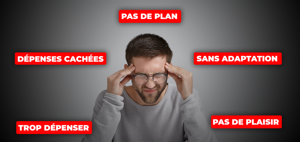 homme stressé avec texte "pas de plan" "dépenses cachées" "sans adaptation" "trop dépenser" pas de plaisir"