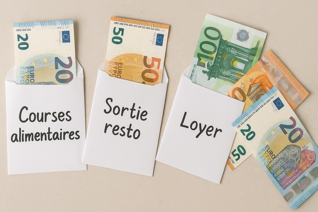 3 enveloppes "Courses alimentaires" "Sortie resto" "Loyer" avec des billets Euro dedans.