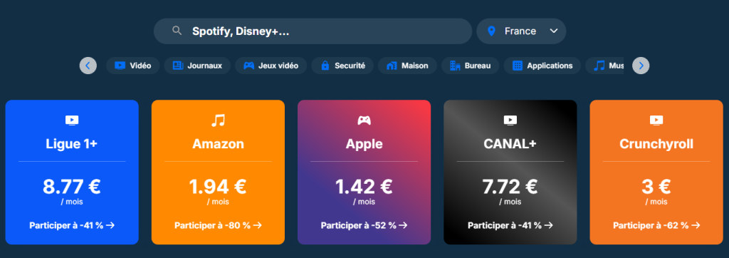 Site internet de Sharesub avec des abonnements partagés