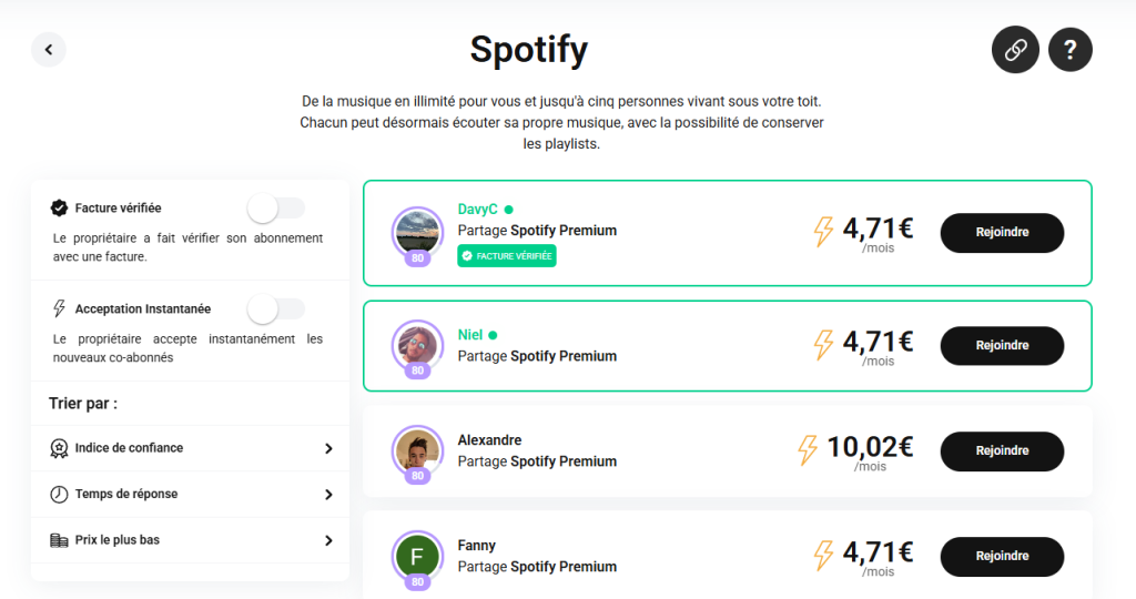Site internet de Spliiit. Plusieurs partage de compte Spotify.